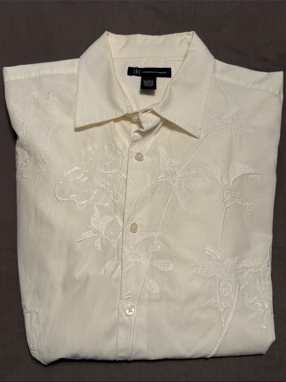 INC International Concepts Cream Embroidered Button-Down Shirt